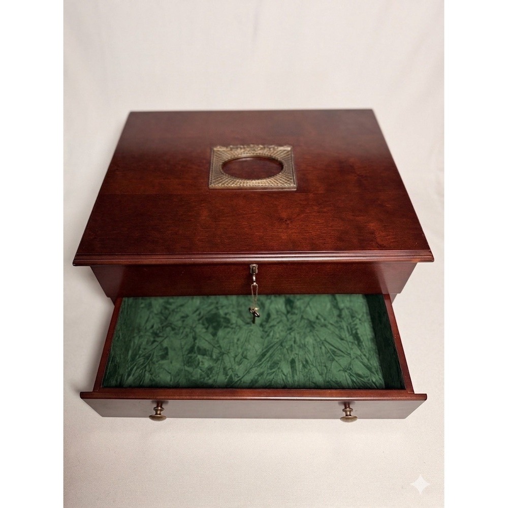 Vtg 1996 Bombay Large Mahogany Jewelry Keepsake Box Lock 2 Keys Photo Frame Lid
